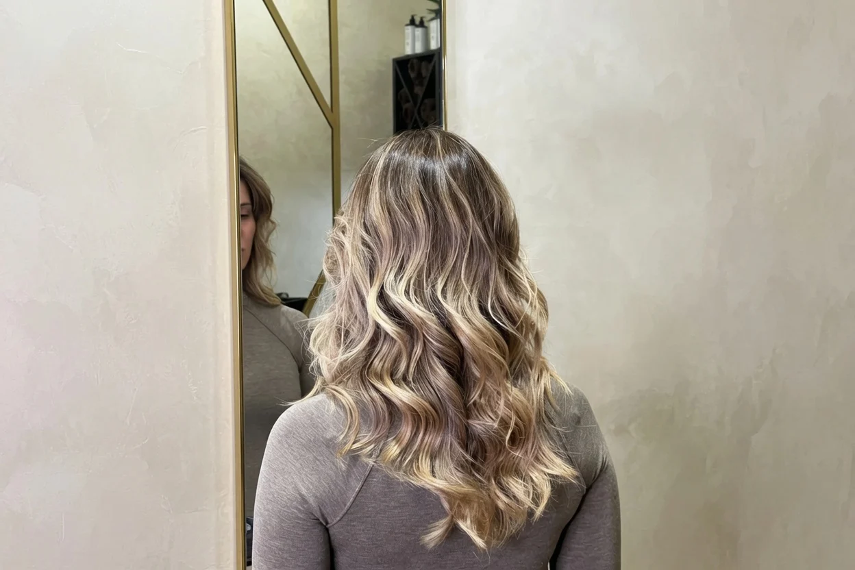 Melena con ondas y reflejos granates en el salón.